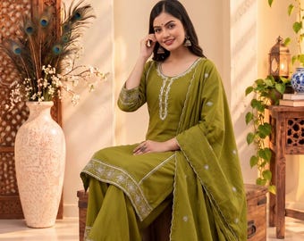 Beautifull Heavy Embroidery Cotton Kurta Pant Set with Dupatta, Boho Ethnic Wear