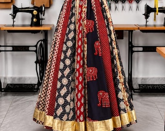 Ethnic Patchwork Print Cotton Long Skirt, Boho Indian Style, gift for her