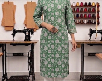 Hand Block Print Cotton Straight Kurta Pant Dupatta Set, Gifts for her.