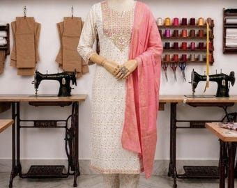 Embroidered Rayon Kurta Pant Dupatta Set, Indian Festive Wear