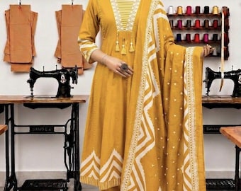 Gelb Grün Boho ethnischen Primium Baumwolle Kurti mit Hose Dupatta Set, handgemachte Kleidung Frauen