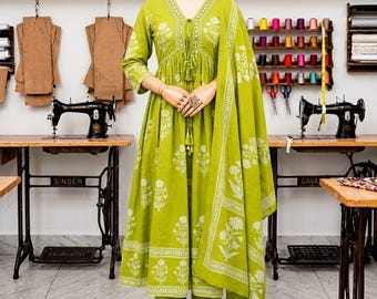 Boho ethnischen grünen Handblock gedruckt Baumwolle Kurta Hose Set mit Dupatta set