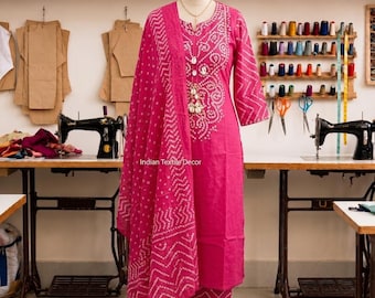 Pink Bandhej Print Handmade cotton kurta pant with dupatta set , Indian women's festival kurti