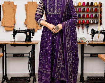Indian Ethnic Boho Hand Work & Printed Cotton Anarkali Kurta Set, Festive Wedding Wear