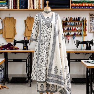 Completo kurta e pantaloni in cotone grigio stampato a mano con dupatta, abbigliamento etnico boho