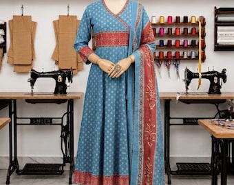 Blau Baumwolle Angrakha Stil Kurta Hose Dupatta Set, indischer festlicher genähter Anzug