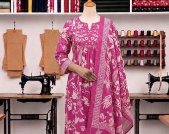 Women's Embroidery &Pitten work Cotton Anarkali Gown Set, Pink Kurtis, Designer Stitched Ready Dress