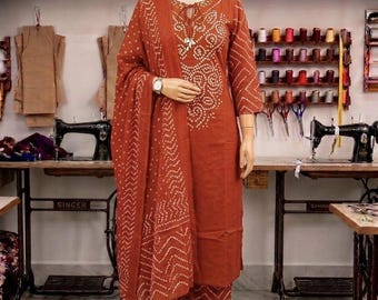 Orange Cotton Bandhej Kurta Pant Dupatta Set, Indian Festive Wear