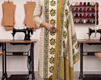 Indian Block Print Cotton Kurta Set, Boho Ethnic Floral Motif Suit
