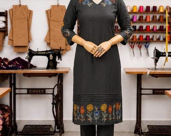 Minimale Stickerei Solid Black Primium Cotton Kurta mit Hose, kausaler Damen Kurtis