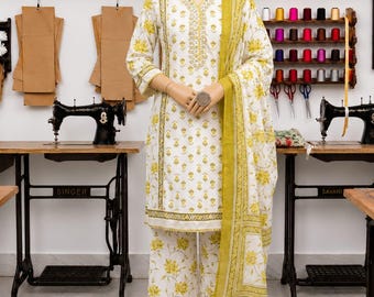Conjunto de kurta, pantalón y dupatta de algodón blanco con estampado a mano, de diseñador indio, listo para usar, estilo bohemio étnico.
