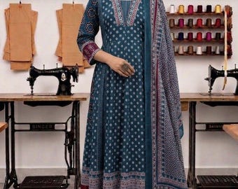 Indigo Blue Hand Block Printed  Anarkali Cotton Kurta Pant Set with Dupatta, Jaipuri Designer Suit