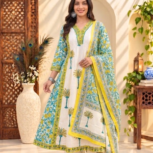Conjunto de kurta de algodón blanco estampado a mano Boho Chik, ropa festiva para fiestas, traje Anarkali de vestido largo,