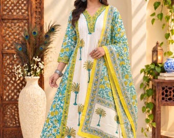 Completo Kurta in cotone bianco stampato a mano Boho Chik, abbigliamento da festa festivo, abito lungo Anarkali,