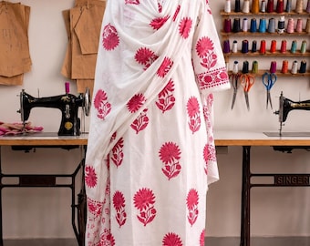 White Cotton Floral Block Print Kurta Set with Pant Dupatta, Festive Wear