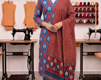 Blue Hand Block Print Cotton Kurta Pant Dupatta Set, Festive Boho Ethnic Wear