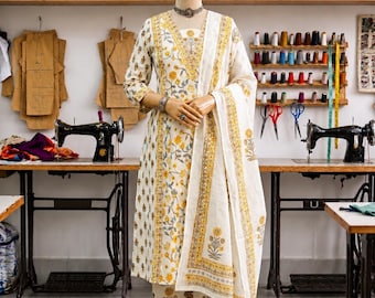 Weiße Baumwolle Handblockdruck Kurta Hose Dupatta Set, Boho Ethnic Wear, Geschenke für sie,