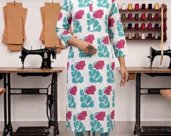 Summer White Hand Block Print Cotton Kurta Pant  Set, Gifts for her.