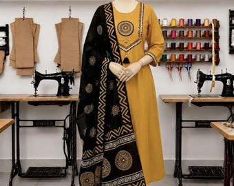 Kantha Handarbeit Primium Cotton Kurta Pant Dupatta Set, Boho Ethnic Wear, Geschenke Her,