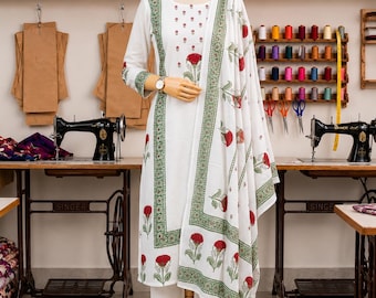 Weiß Baumwolle Hand Block Print Kurta Set mit Blumenmotiv, Boho Ethnic Wear