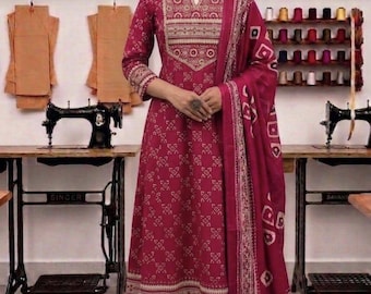 Festival wear Anarkali Cotton Kurta Pant Set with Dupatta, Boho Ethnic Wear,