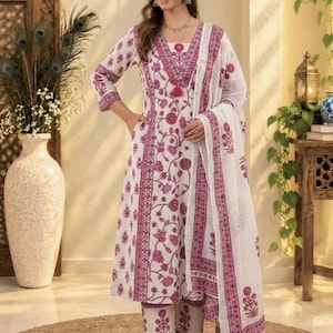 Conjunto de kurta palazzo y dupatta de algodón blanco estampado a mano para mujer, kurta con bolsillo, ropa festiva, bordado de lentejuelas de diseño.