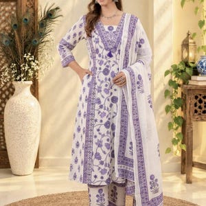 Conjunto de kurta de algodón blanco con estampado a mano y lentejuelas, ideal para fiestas indias, con dupatta estilo boho (tallas M-3XL).