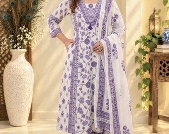 Completo Kurta in cotone bianco stampato a mano con paillettes, ideale per feste in stile indiano, con dupatta boho (taglie dalla M alla 3XL)