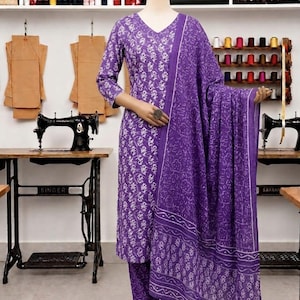 Conjunto de kurta, pantalón y dupatta de algodón, ropa festiva india, estilo bohemio.