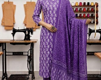 Completo Kurta, Panta e Dupatta in cotone, abbigliamento indiano festivo, stile boho.