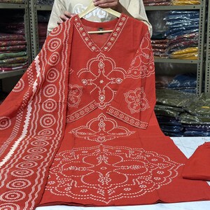 Elegant Indian Bandhej Hand Printed Cotton Kurta Pant Duppta Set, Embroidered Ethnic Wear, Boho Casual Outfit immagine 4