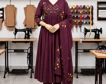 Wine Rayon Anarkali Gown Kurta Set with Pant and Dupatta | Floral Embroidery Festival Wear