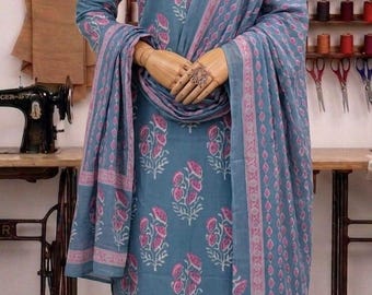 Hand Block Print Cotton Kurta Pant Dupatta Set, Boho Ethnic Wear