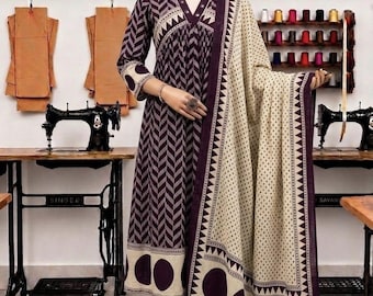 Boho Geometrischer Druck Baumwolle Anarkali Kleid Set, Zick-Zack-Druck Lässige indische Kleidung für Frauen