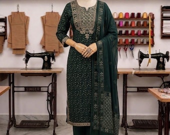Conjunto de kurta, pantalón y dupatta de rayón bordado, ropa étnica festiva.