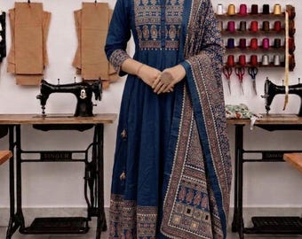 Blue / Red Cotton Anarkali Gown Set, Handwork Kurta Pant Dupatta, Festive Wear
