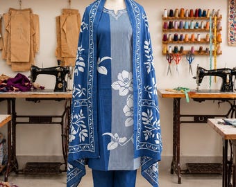 Handbedruckte blaue Baumwolle Kurta Hose Dupatta Set, indische Damenkollektion