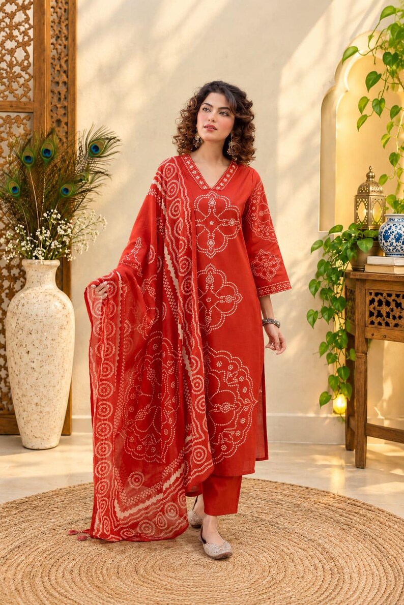 Elegant Indian Bandhej Hand Printed Cotton Kurta Pant Duppta Set, Embroidered Ethnic Wear, Boho Casual Outfit immagine 1