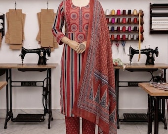 Indische handgemachte Primium Baumwolle Handblock Print Kurta Hose Dupatta Set, Boho Ethnic Wear