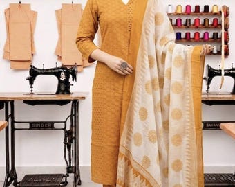 Indische handgemachte Baumwolle Kurta mit Hose und Seide Dupatta Set, Bobo Designer Straight Kurta