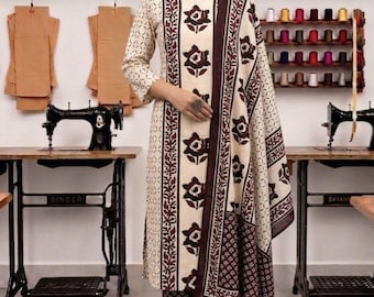 Mansoon special Cotton Handmade Kurta pant Duppta Set, Boho Ethnic Floral Motif Suit, Designer Stitched Ready Dress