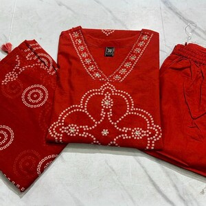 Elegant Indian Bandhej Hand Printed Cotton Kurta Pant Duppta Set, Embroidered Ethnic Wear, Boho Casual Outfit immagine 5