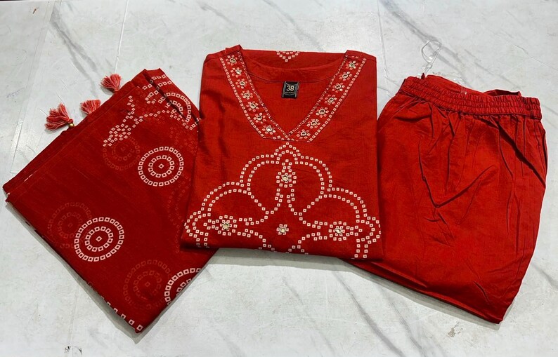 Elegant Indian Bandhej Hand Printed Cotton Kurta Pant Duppta Set, Embroidered Ethnic Wear, Boho Casual Outfit immagine 5