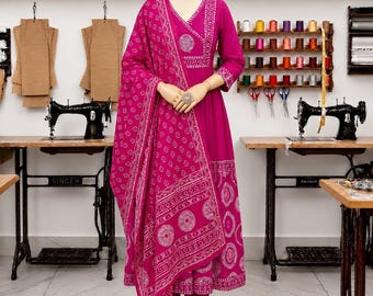 Jaipuri Hand Block Print Algodón Anarkali Kurta Set, Ropa de boda festiva