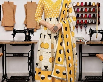 Festliche Boho ethnische Primium Baumwolle Handmade Kurti mit Hose Dupatta Set, handgemachte Kleidung Frauen