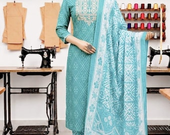 Rama Green Bandhej Handbedruckte Cotto Kurta Pant mit Dupatta | Festival indische Frauen kurti