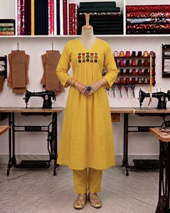 Yellow Cotton Kurta Pant Set, Embroidered Ethnic Wear, Boho Casual Outfit