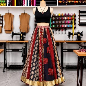 Falda larga de algodón con estampado étnico de patchwork, estilo bohemio indio, regalo para ella.