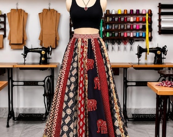 Ethnic Patchwork Print Cotton Long Skirt, Boho Indian Style, gift for her