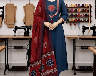 Handarbeit Weben und Drucke Baumwolle Kurta Hose Dupatta Set, Boho Ethnic Wear, Geschenke Her,